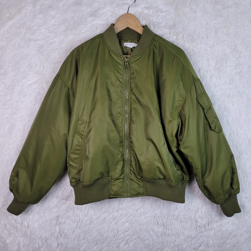 Good‎ American Women Green Satin Crop Utility Bomber Jacket Sz S/M OR 1/2